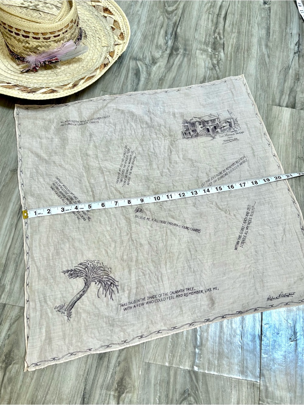 RARE Bermuda Propical Vintage Beige Cotton Scarf with Brown Printed Illustration - Picture 8 of 9